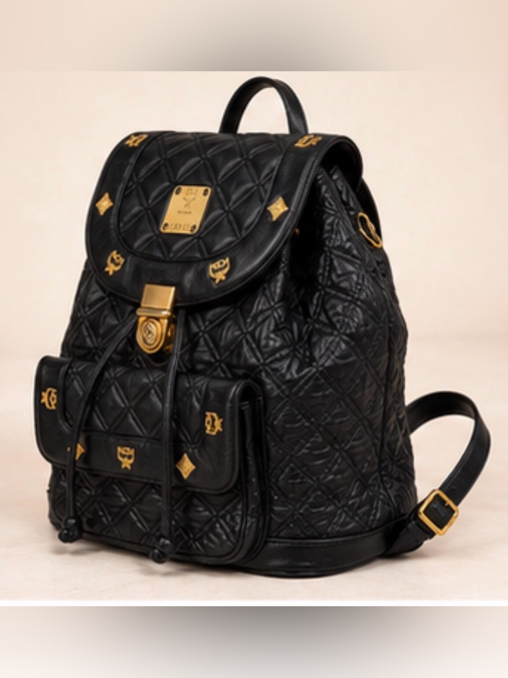 Vintage MCM Michael Cromer Black Quilted Leather Backpack Gold Hardware - Picture 3 of 8